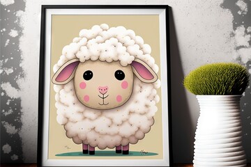 Poster -  a picture of a sheep with a pink nose and black eyes on a shelf next to a vase with a green plant in it and a white vase with a green spiky substance. Generative AI