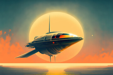 Wall Mural - Futuristic voyage starship on a different planet with a star and moon in the background. Space travel with comfort. Generative AI.