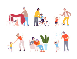 Wall Mural - Parents and their kids having good time together set. Families riding bike, playing ball, rollerblading, reading book, blowing soap bubbles flat vector illustration