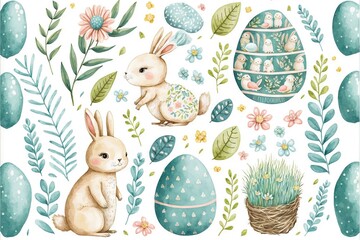 Wall Mural -  a watercolor easter scene with a bunny and eggs and plants and eggs on a white background with a blue border and a white background with a blue border with a bunny and a basket. Generative AI 