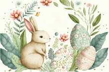 A Watercolor Painting Of A Bunny And Eggs With Flowers And Leaves Around It, With The Words Happy Easter Written In The Center Of The Image, And A Yellow Bird On The Left. Generative AI 