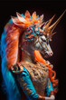Fantasy Royal unicorn horse with colorful hair in full costumes 