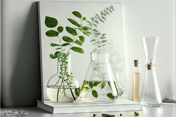 Poster -  a shelf with three vases and a plant in them on it's side, and a picture of a plant in the background on the wall behind it, and a shelf with a few other vases. Generative AI 