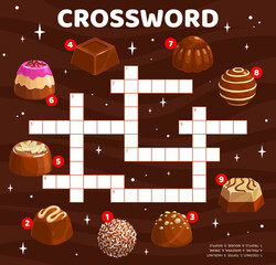 Aufkleber - Crossword quiz game grid cartoon chocolate candies. Child vocabulary puzzle, kids crossword grid quiz or riddle vector worksheet with chocolate dessert, sweet candies, praline and truffle