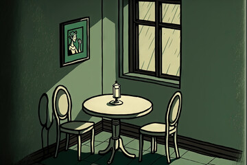 Poster - empty room with one table and chairs. Generative AI