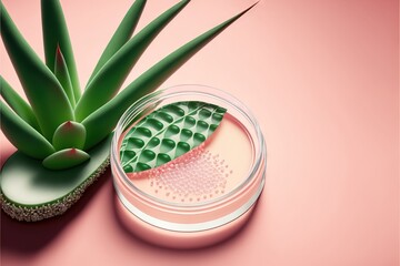  a jar of cream next to a plant on a pink background with a pink background and a pink background with a pink background and a green plant on the top of the jar of the. Generative AI 