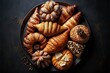  a plate of croissants, pastries, and breads on a table top with a black background and a black table cloth with a black table cloth with a black table cloth. Generative AI 