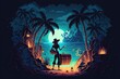 On a tropical island at night, there is a ghost of a female pirate guarding a chest full of gold money. Seaside cartoon scenery with a spectral female Generative AI