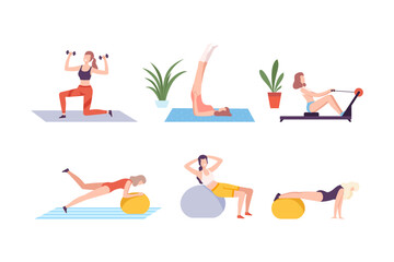 Wall Mural - Young women doing sports set. Athletic women exercising with dumbbells and fitball flat vector illustration