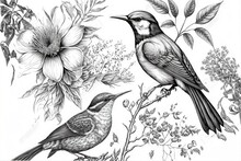 Two Birds Sitting On A Branch With Flowers In The Background And A Sunflower In The Foreground, And A Bird In The Foreground With A Flower In The Foreground, And A. Generative AI