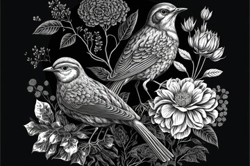  two birds sitting on top of a flower filled branch with leaves and flowers around them on a black background with a white border around the edges of the image is a black background. Generative AI