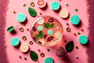 Sticker -  a glass of liquid surrounded by fruit and leaves on a pink background with a pink background and a pink background with a pink background and green border with a few green leaves. Generative AI