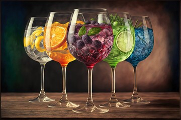 Wall Mural -  a group of wine glasses filled with different colored drinks and fruit in them on a table top with a dark background behind it, with a black border, and a black border, with a. Generative AI