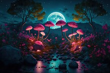 Fantasy Fungi Illuminated By Lamps In A Land Of Enchantment. Generative AI