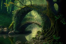 Enchanted Woodland Like Out Of A Fairy Tale, Complete With A Charming Bridge Generative AI