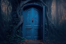 Rough Blue Door Hidden In The Woods. Generative AI