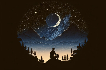 Poster - person silhouette sitting on the top of the mountain meditating or contemplating the starry night with Milky Way and Moon background. Generative AI