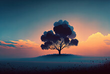 Lonely Maple Tree And A Blooming Field In A Clouds Of Morning Fog At Sunrise, Latvia. Dark Silhouette Against Clear Blue Sky. Tranquil Mysterious Landscape. Concept Art, Graphic Minimalism. Generative