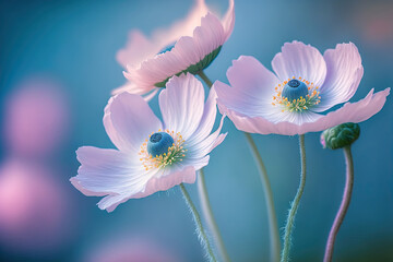 Poster - Close up of softly pink anemone blooms in the summertime of spring against a blue backdrop. Beautiful, dreamy image of the natural world. Generative AI