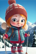  A Cartoon Character With A Red Hair And A Blue Jacket And A Red Hat And Skis On A Snowy Surface With A Mountain In The Background And A Blue Sky With Clouds And A. Generative Ai