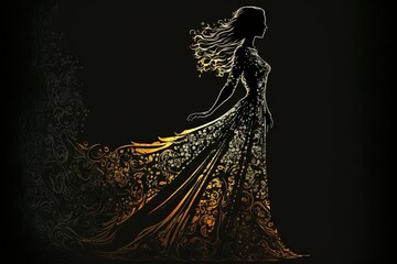  a woman in a long dress with a flowing hair is standing in the dark with a flowery pattern on her dress and a flowing hair is flowing in the wind, on the back. generative ai