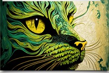 A Painting Of A Cat's Face With Yellow Eyes And Green Hair On A White Background With A Green And Yellow Background With A Yellow Background With A White Border And Yellow Border With A Black Border.