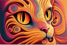  A Colorful Cat's Face With A Large, Colorful Eyeballed Design On It's Face And A Pink Background, With A Yellow, Orange, Red, Blue, And Pink, And Yellow, And Orange, Swirly, And Red, Swirly, Swirly,.