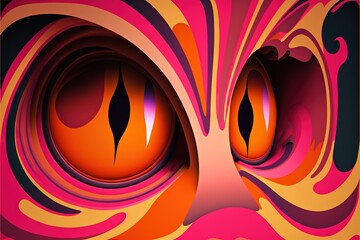 Wall Mural -  a close up of a cat's eye with a pink background and yellow and orange swirls on it's side and a pink background with a black and yellow stripe and white stripe. generative ai