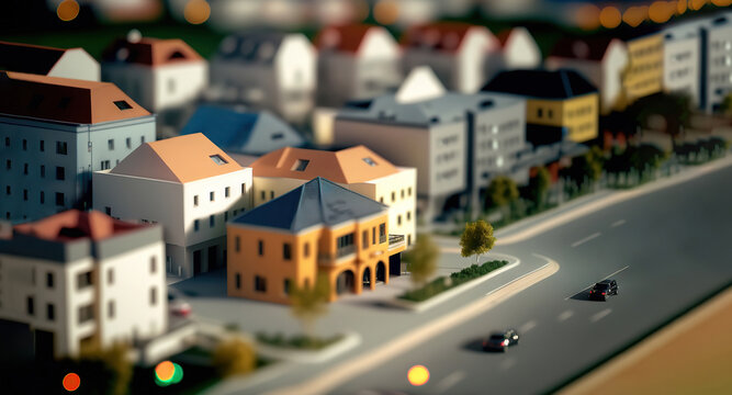 modern generic contemporary style miniature model of townhouse neighborhood with tilt-shift focus te