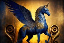  A Blue Horse With A Gold Mane And Wings On It's Back Legs And Tail, Standing In Front Of A Gold Background With Swirls And Scrolls And Scrolls, With A Gold Background. Generative Ai