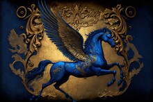  A Blue Horse With A Gold Background And Wings On It's Back, With A Gold Frame Around It, And A Blue Background With Gold Leaves And Scrolls, And A Gold Border. Generative Ai