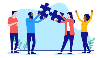 Fototapete - Connecting jigsaw puzzle pieces - Two business people, man and woman solving problem easy and efficient. Flat design vector illustration with white background