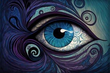 Wall Mural -  a painting of an eye with a spiral design on it's irise and a spiral design on the irise of the eye, with a white eyeball in the center, and a blue background. generative ai