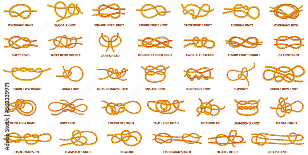 Connection Knot Yellow nautical rope knot, interweaving of ropes, tapes or other ...