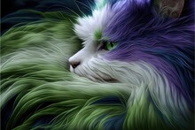  A Cat With Green Eyes And Purple Fur On A Black Background With A White Cat With Green Eyes And Purple Fur On A Black Background With A White Cat With Green Eyes And Purple And. Generative Ai