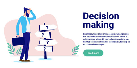 Decision making - Businessman scratching head standing at crossroad pointing in different directions. Confusion and choices concept, flat design vector illustration with copy space for text