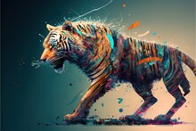  A Tiger Is Standing On A Table With A Blue Background And A Splash Of Paint On It's Body And Head And Body, With A Blue Background And A Blue Background With A White Line Of Orange And Orange.
