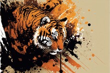  A Tiger With Orange And Black Spots On It's Face And Neck, Walking On A Dirty Surface With Spots And Spots Around It, And A White Background With Orange And Black Spots. Generative Ai