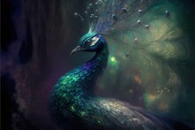  A Peacock With A Very Colorful Tail And Feathers On Its Head And Tail, With A Dark Background And A Light Reflection On Its Body, With A Light Shining On Its Head, And. Generative Ai