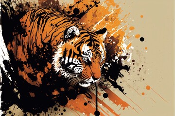 Canvas Print -  a tiger with orange and black spots on it's face and neck, walking on a dirty surface with spots and spots around it, and a white background with orange and black spots. generative ai