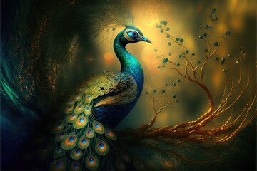 Poster -  a peacock with feathers spread out and a tree in the background with leaves and branches in the foreground, with a yellow light behind it, and a blue and gold background with a. generative ai