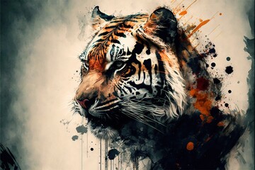 Wall Mural -  a tiger with orange and black spots on its face and neck, with a black background and a white background with orange spots and a black border around the head and a white Generative AI