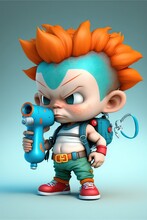  A Cartoon Character With A Blue Hair Holding A Blue Drill And A Blue Tool In His Hand And A Blue Background Behind Him Is A Blue Background With A Gray Area With A White Border. Generative Ai