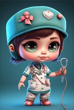  A Cartoon Character With A Stethoscope And A Hat On Her Head And A Stethoscope In Her Hand, Standing On A Blue Background With A Heart Shaped Object In The Shape Of A. Generative Ai