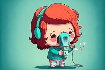 Wall Mural -  a little girl with headphones on holding a microphone and singing into it's earphones, with a green background behind her, with a blue background with a red haired girl with red hair. generative ai