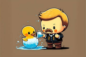 Wall Mural -  a cartoon character is washing a rubber ducky with a water bottle in a bathroom sink, with a rubber ducky in the water behind him, and a rubber ducky in the water. generative ai