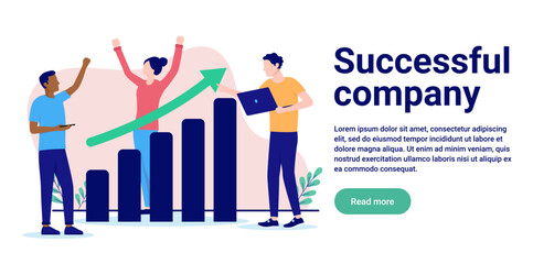 Aufkleber - Successful company - Business people cheering while standing with positive chart diagram and green arrow pointing up. Success and financial growth concept, flat design vector illustration