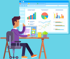 Poster - Man works with statistics, business accounting, auditing using laptop. Presentation with data analysis bar chart. Statistical analytics with digital technology. Businessman analyses indicators