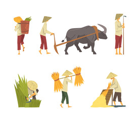 Sticker - Asian farmers working on field set. Peasants characters in straw conical hat plowing the land and harvesting cartoon vector illustration