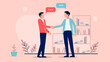 Greeting handshake - Two men shaking hands at work in office while talking with speech bubbles over head. Flat design vector illustration